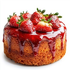 Strawberry cake with oozing sauce isolated on a white background, emphasizing indulgent features.