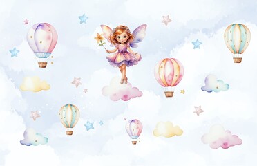 Design for wallpaper. Background for the holiday. Children's background. An air castle. A magical land. Flower fairies in the clouds.