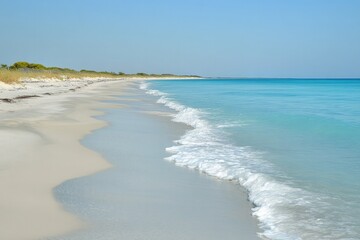 Obraz premium Serene coastline with gentle waves lapping against pristine sand