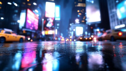 Rainy night street, Times Square reflection, vibrant city lights, blurred traffic, advertising billboards