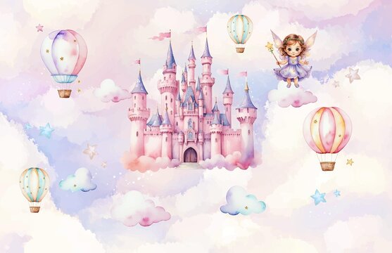 Fototapeta Design for wallpaper. Background for the holiday. Children's background. An air castle. A magical land. Flower fairies in the clouds.