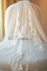 Delicate lace wedding veil gracefully draped over elegant chair,