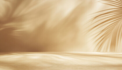 Minimalistic  abstract summer background with blurred shadows of palm leaves on beige tan wall for product presentation.