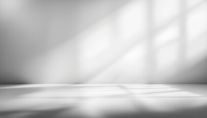 Empty abstract background in neutral monochrome tones for business product presentation. Geometrical shadows from window on wall for modern mockup backdrop.