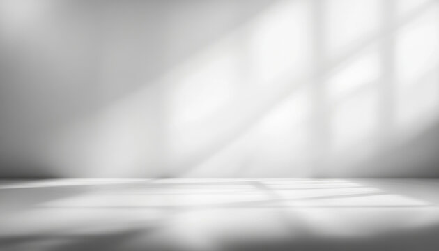 Empty abstract background in neutral monochrome tones for business product presentation. Geometrical shadows from window on wall for modern mockup backdrop.