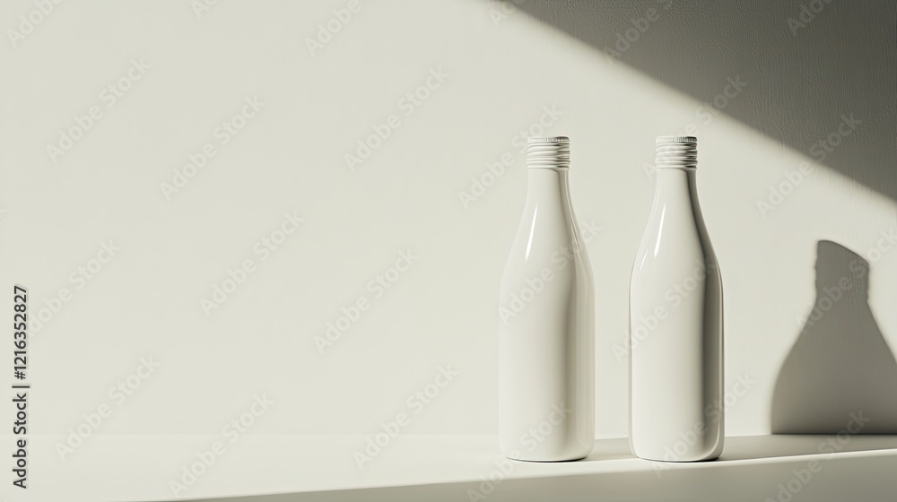 Poster minimalistic composition featuring two white bottles casting sub