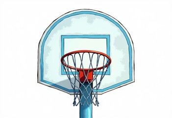 Naklejka premium Pastel Blue Rim Basketball Hoop, Minimalist Design, Watercolor Texture, Isolated, Clean Cartoon Art, Playful & Kid-Friendly, Simple Illustration, White Background.