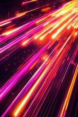 Obraz premium Vibrant pink and orange light streaks move quickly through space, creating an energetic background for dynamic visuals.