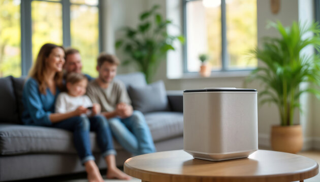 Happy family relaxing in modern living room. Air purifier in foreground. Cozy atmosphere. Cleanliness, well-being emphasized. Family enjoying quiet time. Modern design, eco friendly. Indoor scene.