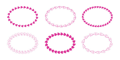 Elegant hand drawn Valentines day oval frames with hearts. Doodle pink romantic textboxes for quirky holiday, wedding, birthday gift decorations. Border with empty place for text.