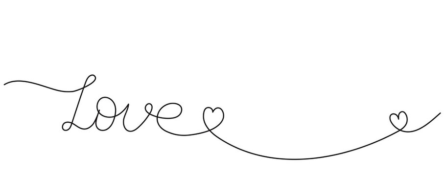 Continuous one line drawing of Love. Calligraphy lettering free handwriting wavy black word. Valentines banner with copy space and hearts. Editable stroke
