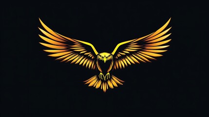 Shining metallic wings of golden eagle on deep black background