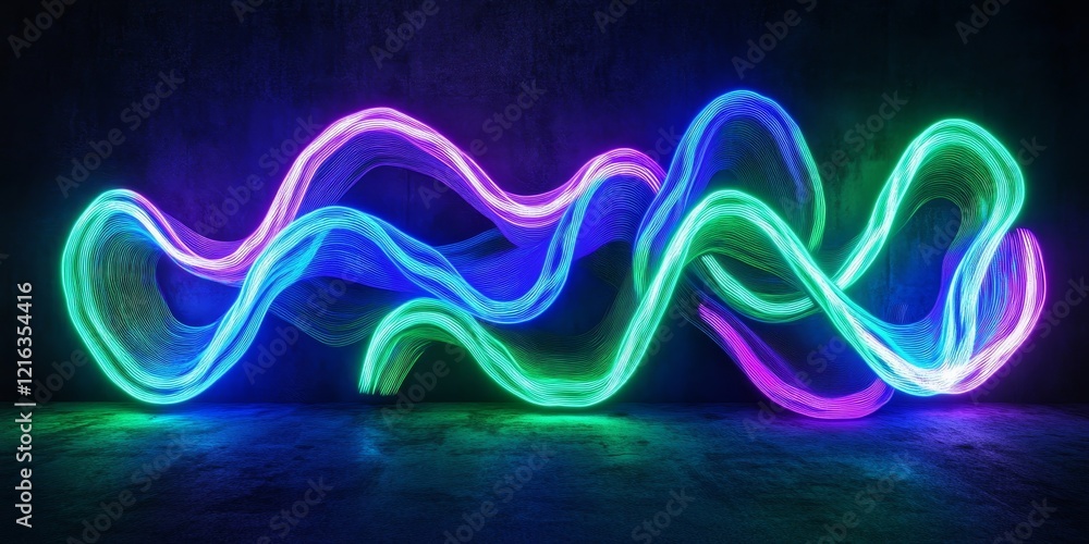 Poster dynamic neon light streams with a futuristic glow, intersecting in a display of vibrant blue and gre