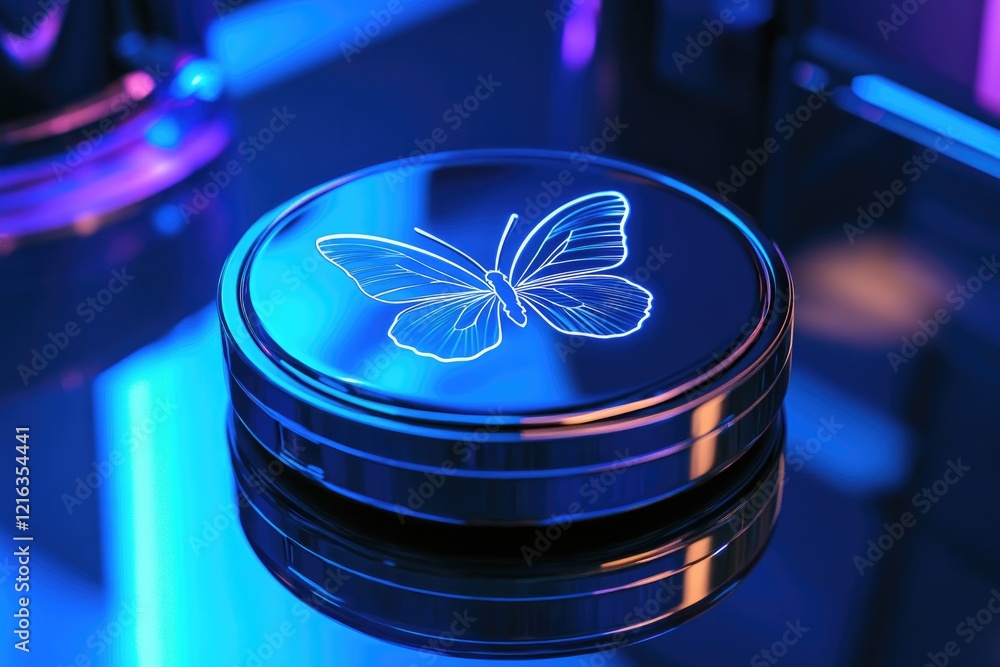 Poster shiny container features intricate butterfly design, illuminated