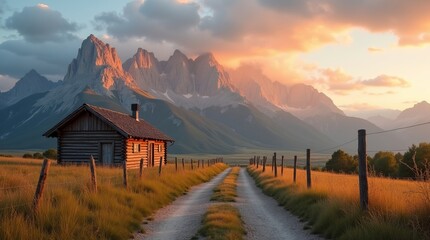 Secluded Cabin at Sunset in the Mountains 