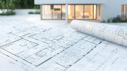 A blueprint layout rolls out in front of a modern, stylish house under warm lighting.