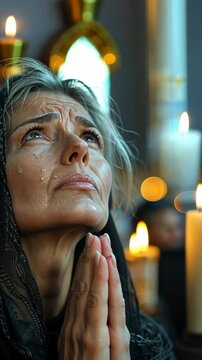A woman in mourning clothes prays in a church. Funeral scene