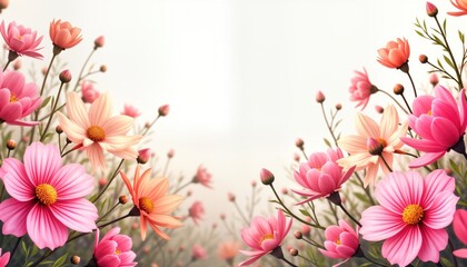 Fototapeta premium Vibrant pink, peach cosmos flowers bloom in garden. Gentle breeze creates soft movement among flora. Outdoor setting evokes peaceful, serene atmosphere. Natural beauty portrayed in summer season.