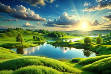 Naklejka premium 3D Grassland Lake Scene - Stunning Landscape