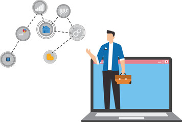 Online webinar presentation, online seminars or meetings discussing business strategy, business discussion conference, data analysis or finance expertise, businessman on laptop screen explaining data