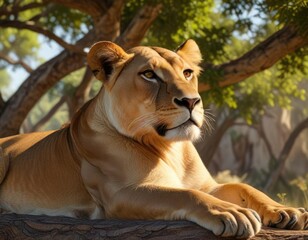 Obraz premium A contented lioness lies in the shade of a tree, peaceful, shaded, animal