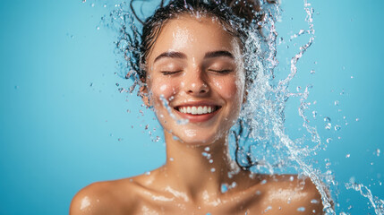 joyful young woman with wet hair smiles while being splashed with water against blue background, radiating happiness and freshness