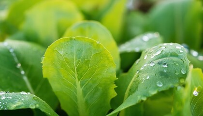 Fresh green leaves of lettuce with dew drops showcasing the beauty of nature in a garden setting