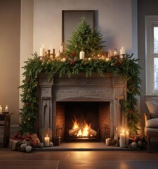 A living Christmas tree is placed in a fireplace with candles and evergreen branches, evergreen branches, fireplace candle