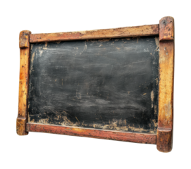 Vintage wooden chalkboard with a rustic frame, perfect for creative lessons or nostalgic decor in a cozy space isolated on transparent background