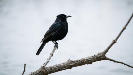 Obraz premium A lone grackle perches on a branch overhanging the lake, its feathers ruffled by the gentle breeze as it gazes out at the calm water below, grackle, bird in perch, lakeside view