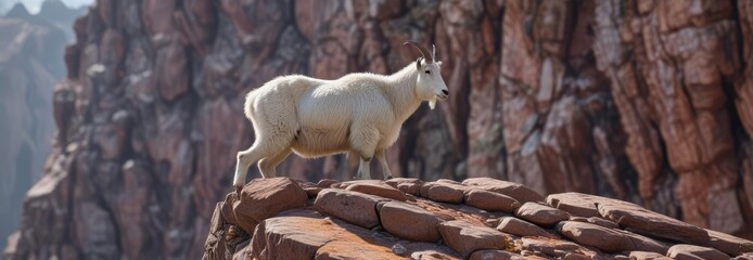 A lone mountain goat peers over the edge of a steep cliff, its hooves planted firmly on the rocky surface as it surveys its surroundings, wildlife, solo, cliff