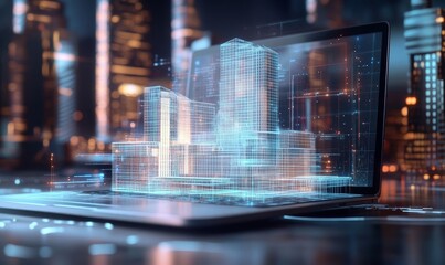 Holographic 3D building model on laptop, digital Building Information Modeling (BIM) technology for architectural design, construction planning, and project management in a futuristic, Generative AI