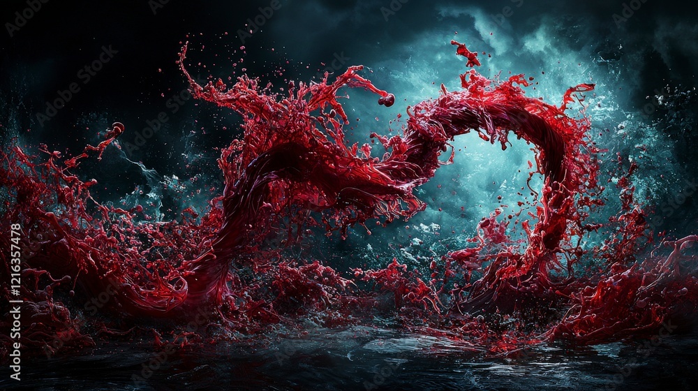 Poster dynamic flow of bloodred liquid in abstract space artistic composition dark environment captivating 