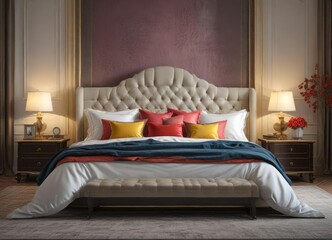 A luxurious bed with soft cushions and pillows in an opulent room , luxury, , indulgence