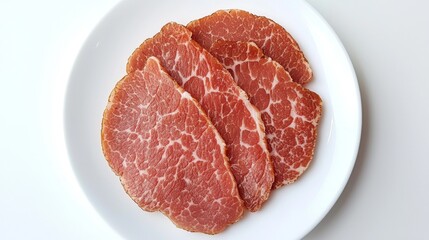 Slices of cured meat presented on a white plate in a bright kitchen setting