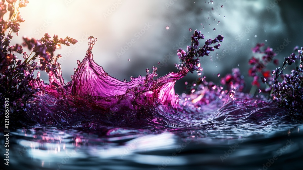 Poster vibrant cascade of purple-red waves splashing through water nature scene abstract art calm environme
