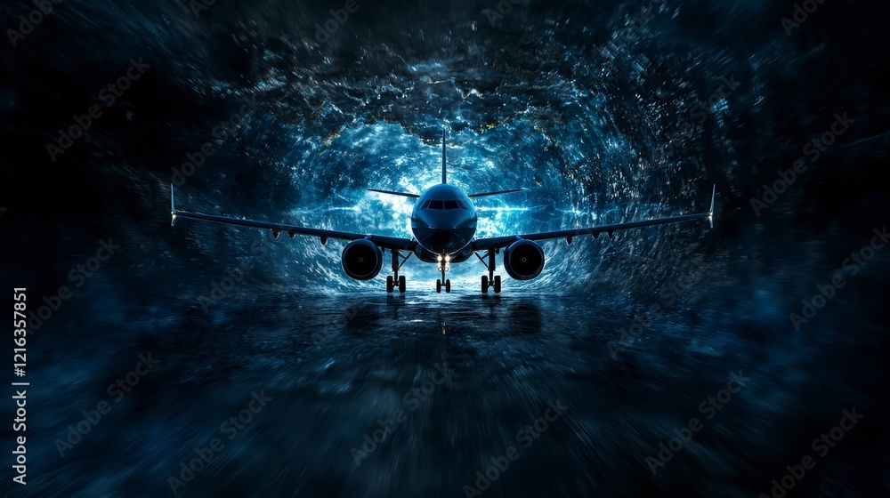 Poster cobalt plane vibrates in a mystical tunnel aviation scene digital art nighttime front view surreal c