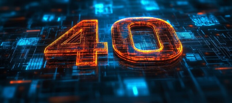 Glowing Orange Number 40 on Circuit Board Futuristic Technology and Digital Innovation Concept.