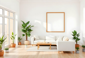 Fototapeta premium Bright minimalist living room, white brick walls, large windows, natural light, white modern sofa, wooden coffee table, potted plants, fiddle leaf fig, empty picture frame, hardwood floors, airy space
