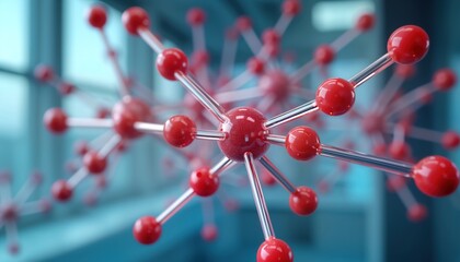 Holographic visualization of inorganic molecular bonding in futuristic lab setting. Dynamic interplay of red spheres, transparent rods complex chemical structure. Futuristic lab tech shows molecular