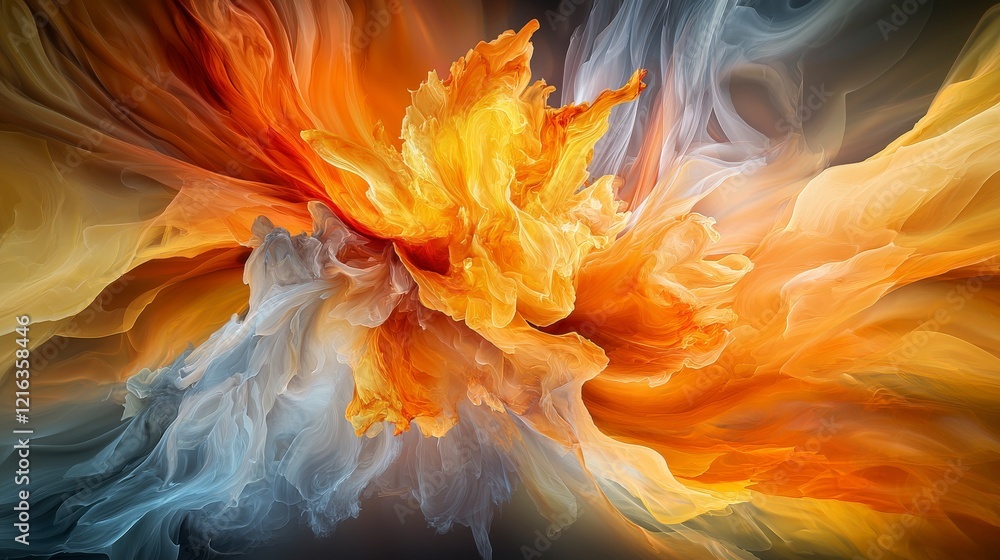 Poster Cyclone of orange and yellow swirls through canvas abstract art colorful background dynamic composition vibrant imagery