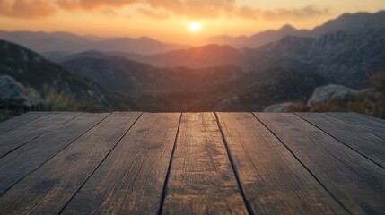 Wooden table, mountain view, sunset background, outdoor scenery
