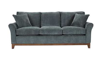A sofa with pillows in a minimalist design with wooden legs + clipping path. The sofa is isolated on a White background.