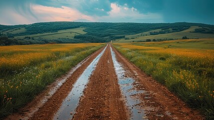Naklejka premium a dirt road in the middle of a field nature background