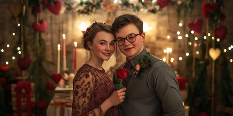 Young couple posing with roses in romantic decorated room
