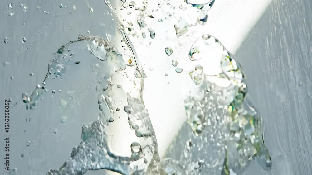 Poster tilt up video to a splash of clear liquid interacting with natural light, creating dynamic refractio