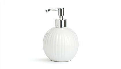 Elegant white ceramic soap dispenser with chrome pump, set against a minimalistic white background