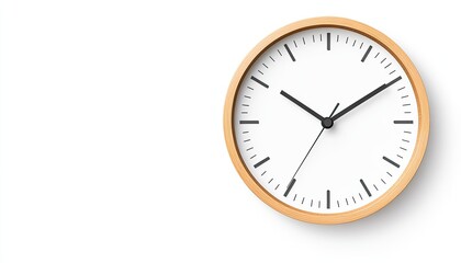 A minimalist wall clock with wooden frame showing time, placed against a plain white background