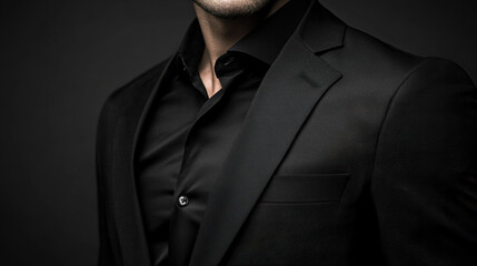Elegant black suit with black shirt, showcasing sophisticated style. image captures close up of attire, emphasizing sleek design and refined details