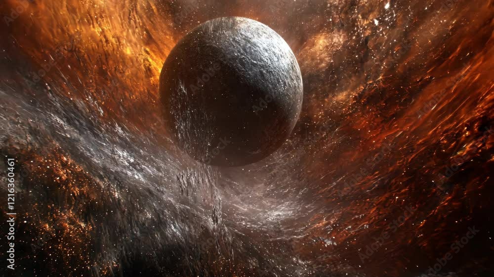 Poster cosmic landscape featuring a planet amidst exploding celestial phenomena